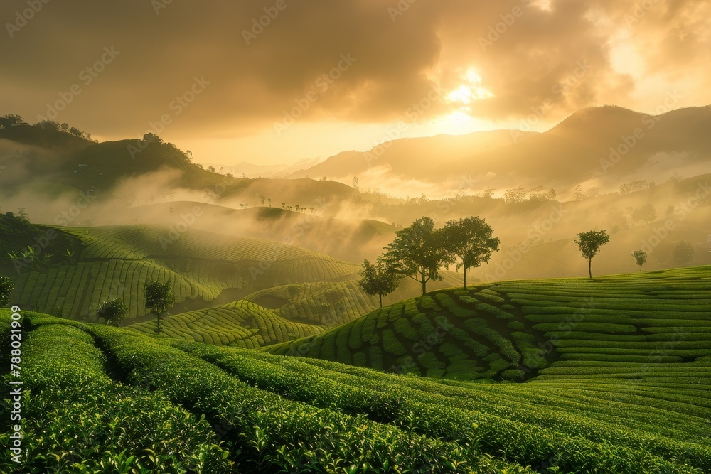 Dawn on a tea plantation landscape