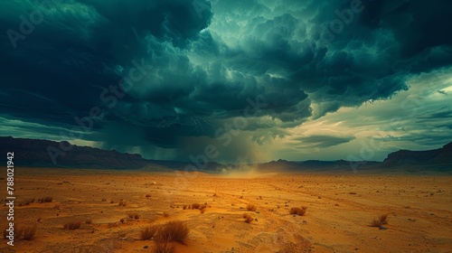 Dramatic Landscapes  A photo of a vast desert landscape with dark thunderstorm clouds looming overhead