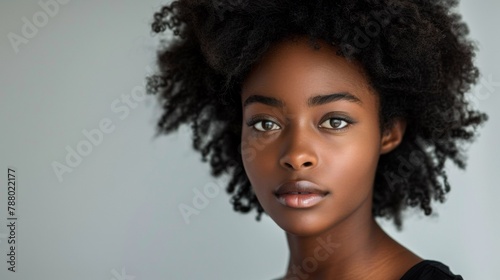 A close up of a woman with an afro looking at the camera, AI