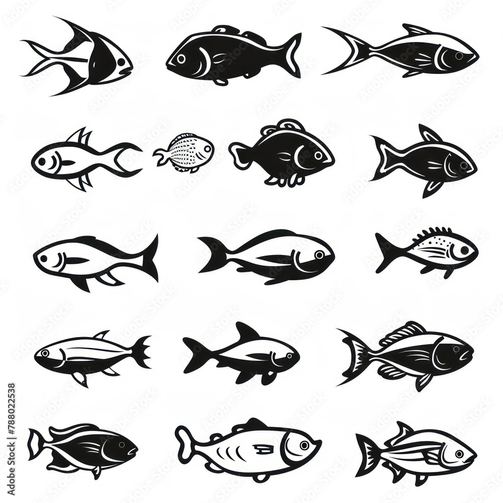 Fish vector icon pack, silhouette, mimimal mono line icon, black thick line art, black and white color isolated on white Fish vector icon pack, silhouette, mimimal mono line icon, black thick line art, black and white color isolated on white