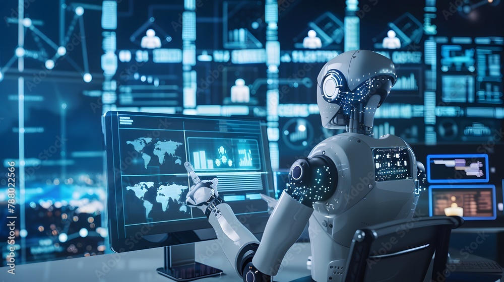 Futuristic Robot Operating Virtual Interface in Tech Room Futuristic Robot Operating Virtual Interface in Tech Room