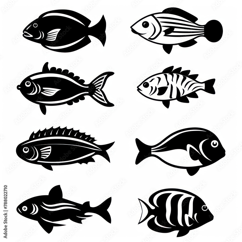 Fish vector icon pack, silhouette, mimimal mono line icon, black thick line art, black and white color isolated on white Fish vector icon pack, silhouette, mimimal mono line icon, black thick line art, black and white color isolated on white