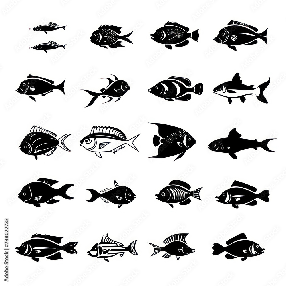 Fish vector icon pack, silhouette, mimimal mono line icon, black thick line art, black and white color isolated on white Fish vector icon pack, silhouette, mimimal mono line icon, black thick line art, black and white color isolated on white