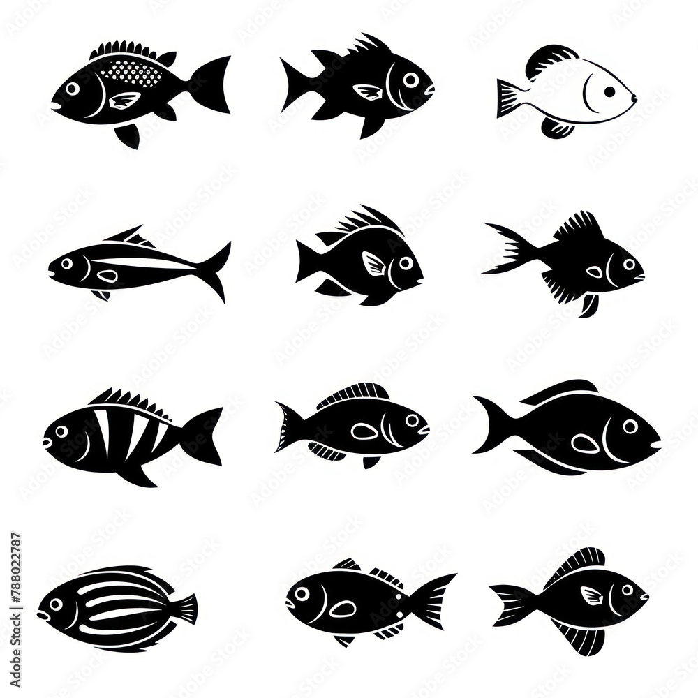 Fish vector icon pack, silhouette, mimimal mono line icon, black thick line art, black and white color isolated on white Fish vector icon pack, silhouette, mimimal mono line icon, black thick line art, black and white color isolated on white