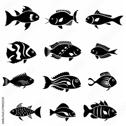 Fish vector icon pack, silhouette, mimimal mono line icon, black thick line art, black and white color isolated on white