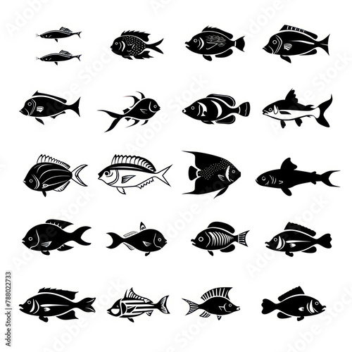 Fish vector icon pack, silhouette, mimimal mono line icon, black thick line art, black and white color isolated on white © chinh
