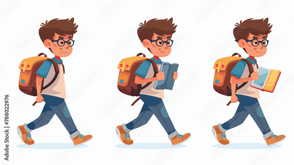 Happy school boy going with schoolbag and book