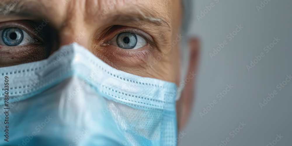 Close up portrait of senior male doctor or patient wearing medical protective facial mask over grey background. Eye of old elderly man physician. Medicine, profession and healthcare concept Close up portrait of senior male doctor or patient wearing medical protective facial mask over grey background. Eye of old elderly man physician. Medicine, profession and healthcare concept