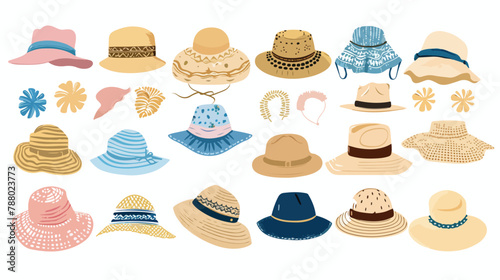 Hats caps panamas set. Knitted straw beach head wear