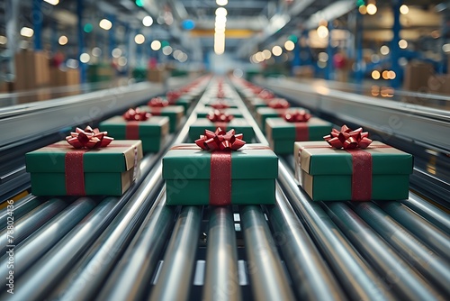 Conveyor Belt Loaded With Wrapped Presents. Generative AI