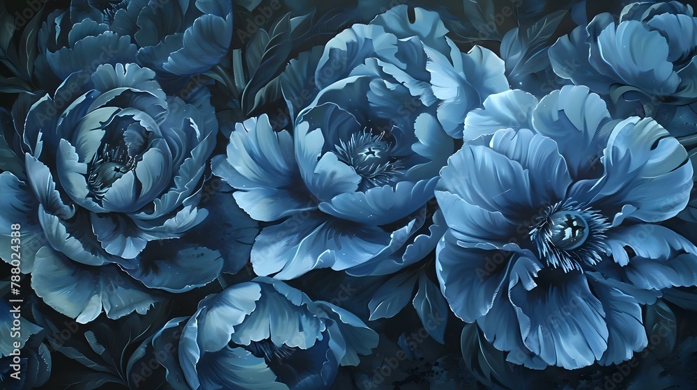Luxurious Wall Hanging: Detailed Blue Peonies in Dark Gray and Light Bronze Luxurious Wall Hanging: Detailed Blue Peonies in Dark Gray and Light Bronze