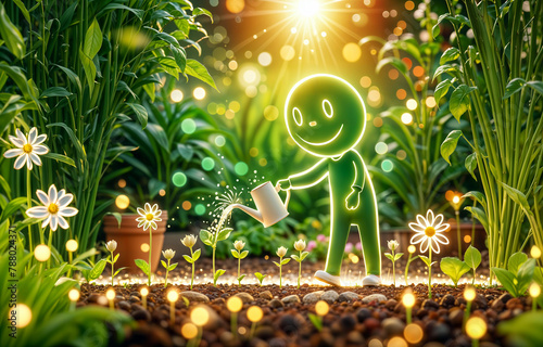 A Stick Figure Character Watering Flowers in a Garden with Sun Lights Shining and Bokeh Background.