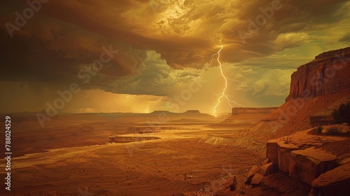 Nature Power: A photo of a lightning bolt striking a desert landscape © MAY