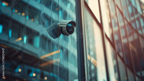 A security camera is mounted on the wall for video surveillance and monitoring, operating as part of a closed-circuit television system. CCTV camera
