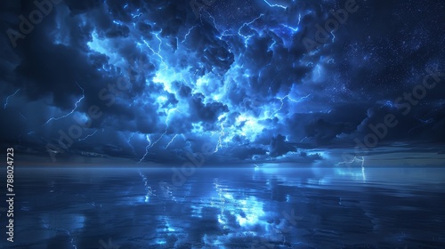 Night Thunderstorm  An image of a night thunderstorm  with lightning flashing across the sky and reflecting on a calm body of water below