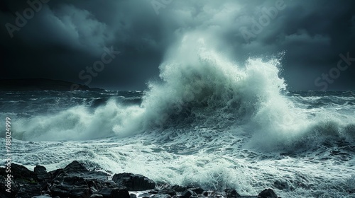 Stormy Weather: A photo of a stormy sea with large waves crashing against rocks