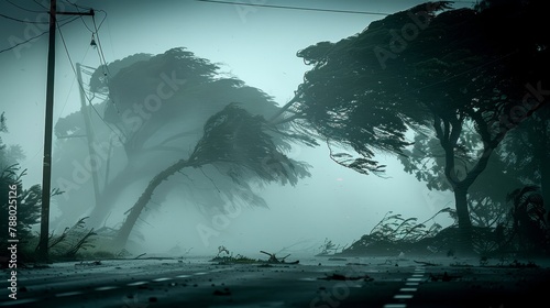 Stormy Weather: A photo of strong winds bending trees and blowing debris photo