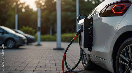 Power supply connected to electric vehicle charge battery. EV charging station for electric car or Plug-in hybrid car. Automotive innovation and technology concepts, Generative.AI