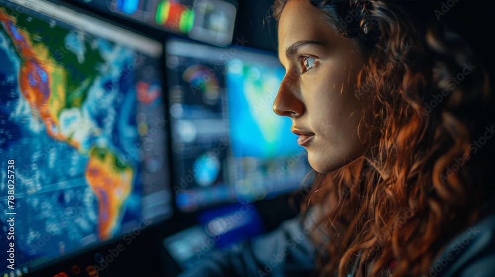 Weather Forecasting: A photo of a meteorologist using a computer model to predict the path of a thunderstorm Weather Forecasting: A photo of a meteorologist using a computer model to predict the path of a thunderstorm