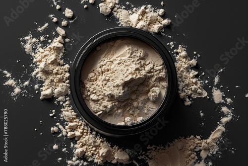 High-quality loose cosmetic powder contained in a stylish jar, highlighted against a dark, textured backdrop