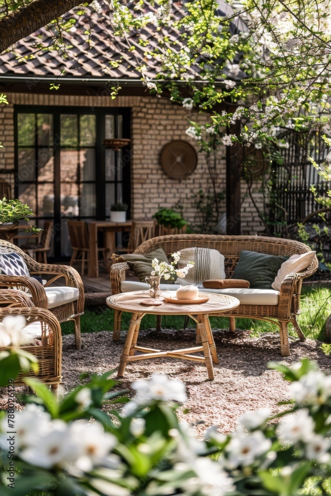 A patio furniture set in a backyard with flowers and trees, AI