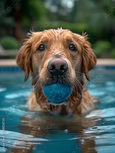 Golden Retriever with blue ball in it's mouth relaxing in pool