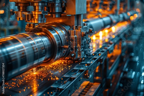 High-resolution image showcasing the complex and advanced machinery in a production plant with fiery sparks
