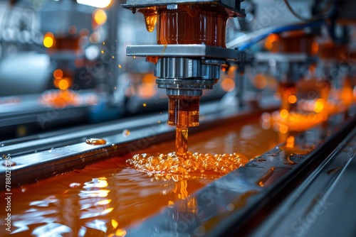 Intricate view of a CNC machine in operation with an orange glow from cutting fluid and metal shavings photo
