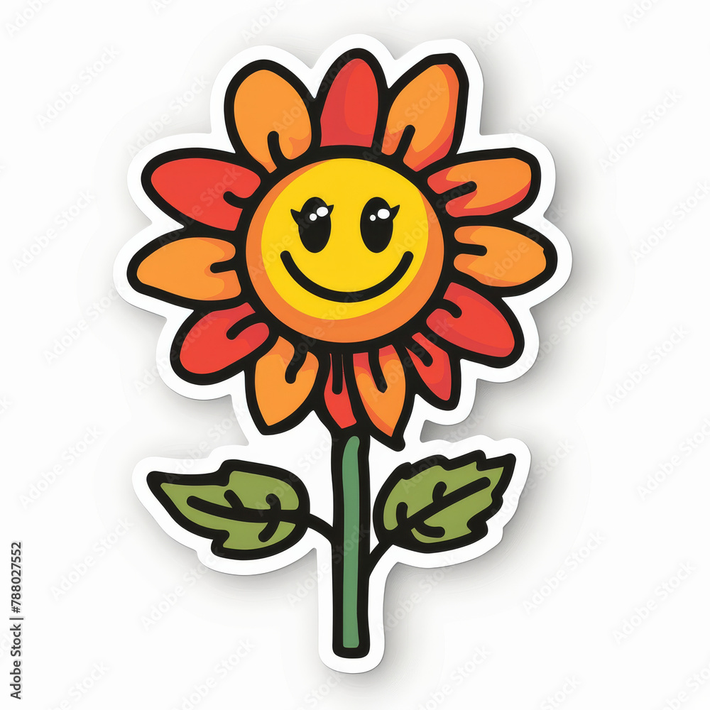 Sticker, abstract and drawing of flower with emoji of smiley face for marketing, advertising and decoration on white background. Creative, comic and illustration with happy expression for doodle art