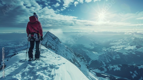 A person standing on top of a snowy mountain looking down, AI