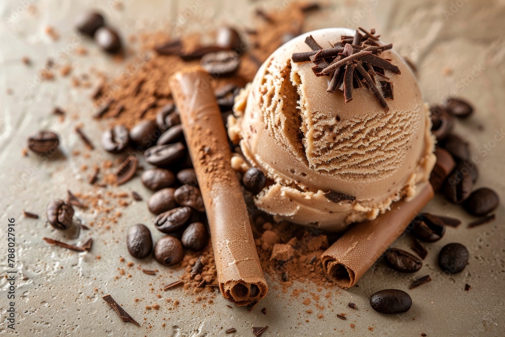 Vanilla ice cream ball with coffee beans and chocolate pieces. Vanilla ice cream ball with coffee beans and chocolate pieces.