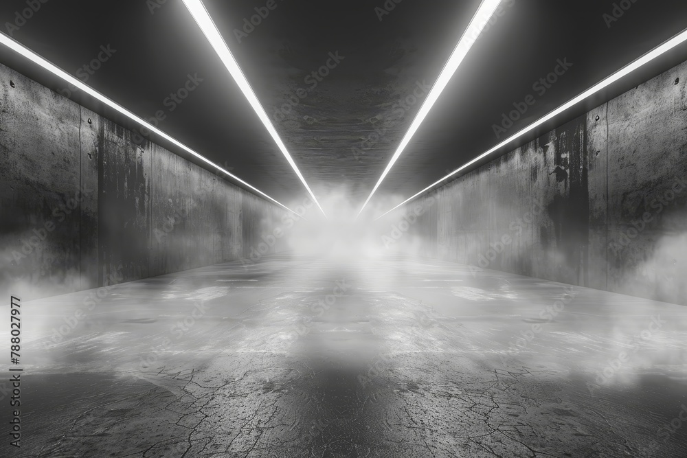 Empty dark scene with white rectangle tunnel futuristic garage corridor with smoke and plane illustration