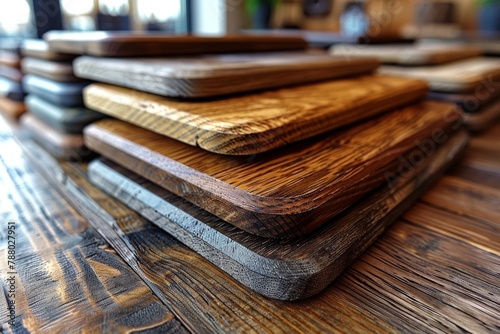 Close-up of stacked wooden cutting boards with a focus on textures and patterns