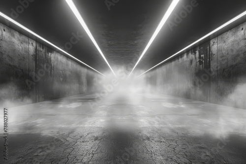 Empty dark scene with white rectangle tunnel futuristic garage corridor with smoke and plane illustration