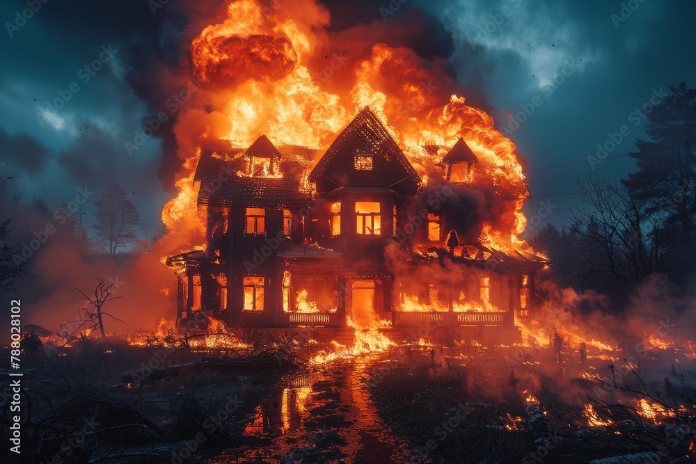 An intense scene of a large house fully ablaze at night, with massive flames engulfing the structure An intense scene of a large house fully ablaze at night, with massive flames engulfing the structure