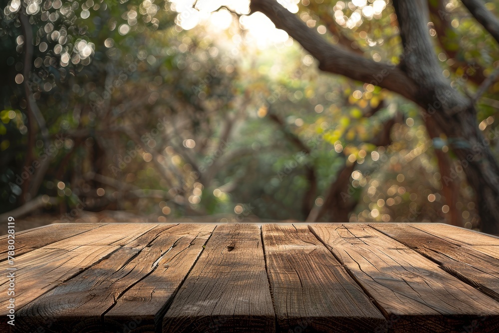 Empty wooden board on table with blurred background Brown wood perspective over forest for product display Empty wooden board on table with blurred background Brown wood perspective over forest for product display