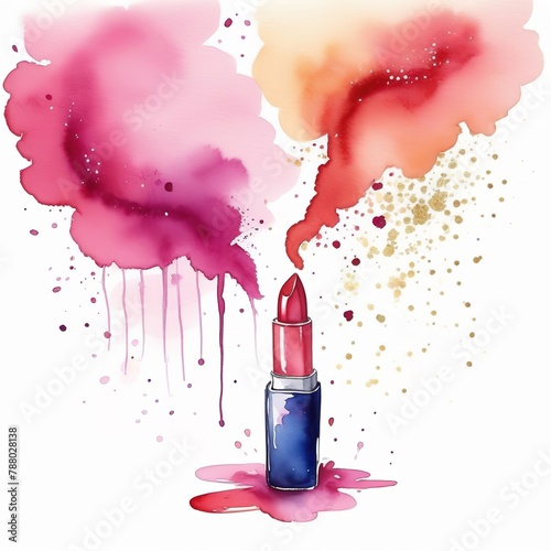 RRed lipstick is open. Atmospheric picture. Cosmetics, bright evening makeup. Paint spilled, blurry, points, confetti photo