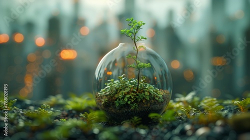 A small tree thrives within a glass globe, surrounded by moist soil and moss, contrasting with the blurred city lights in the background.