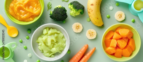 Infant food consisting of bowls filled with pureed vegetables and fruits in green, orange, and yellow hues, including broccoli, carrots, banana, and apple, accompanied by baby accessories and toys, photo