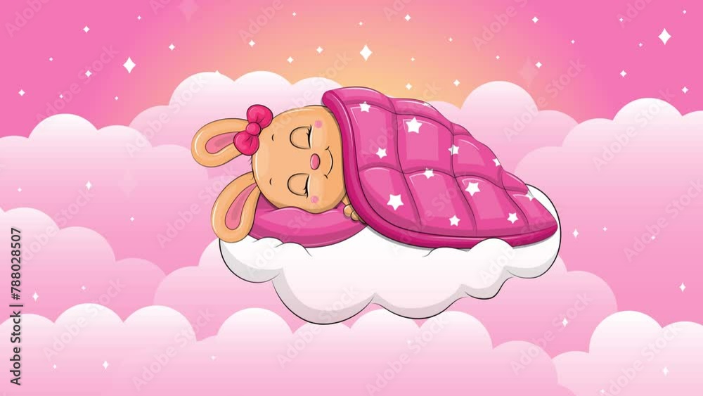 Cute cartoon rabbit is sleeping on the cloud. Night looped animation ...