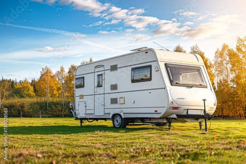 European camping site with a white caravan trailer on a green lawn on a sunny autumn day embodying lifestyle travel ecotourism and recreation