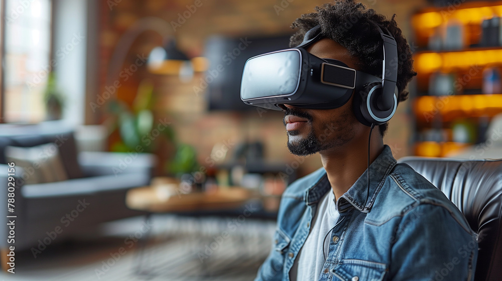man wearing VR glasses in home man wearing VR glasses in home