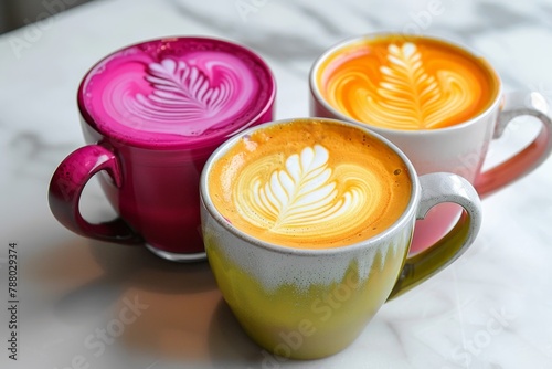 Fashionable colorful lattes with unique flavors like beetroot avocado and turmeric topped with latte art photo