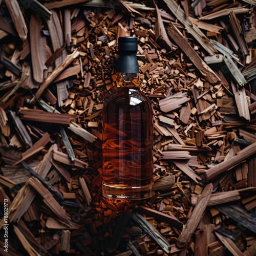 Overhead shot of a whiskey or rum bottle resting on a bed of oak wood chips or barrel staves