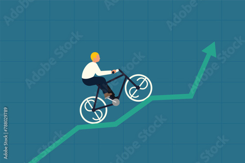 Businessman Climbing Stock Chart, Riding Bicycle on Arrow.