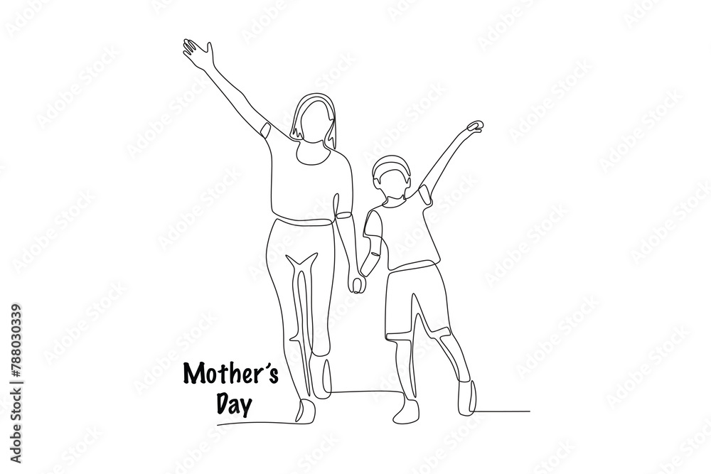 Happy mother and son. Mothers day concept one-line drawing