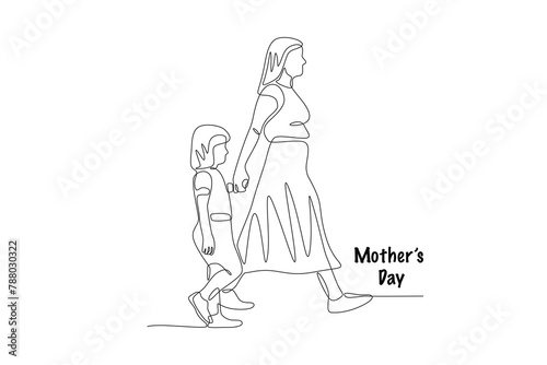 Mother and child holding hands while walking. Mothers day concept one-line drawing