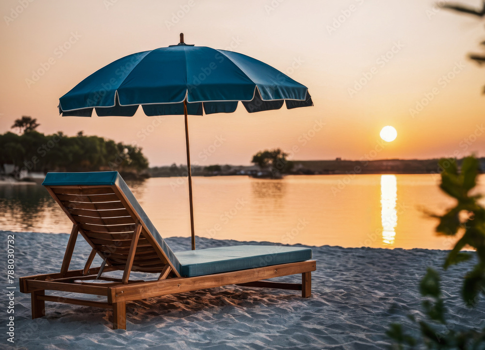 Sun lounger with umbrella on the shore.    The character and all objects are fictitious, the image was created using the neural network Fooocus v2
