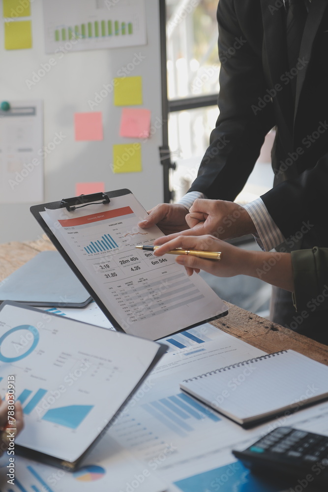 Co working conference, Business team meeting present, investor colleagues discussing new plan financial graph data on office table with laptop and digital tablet, Finance, accounting, investment.