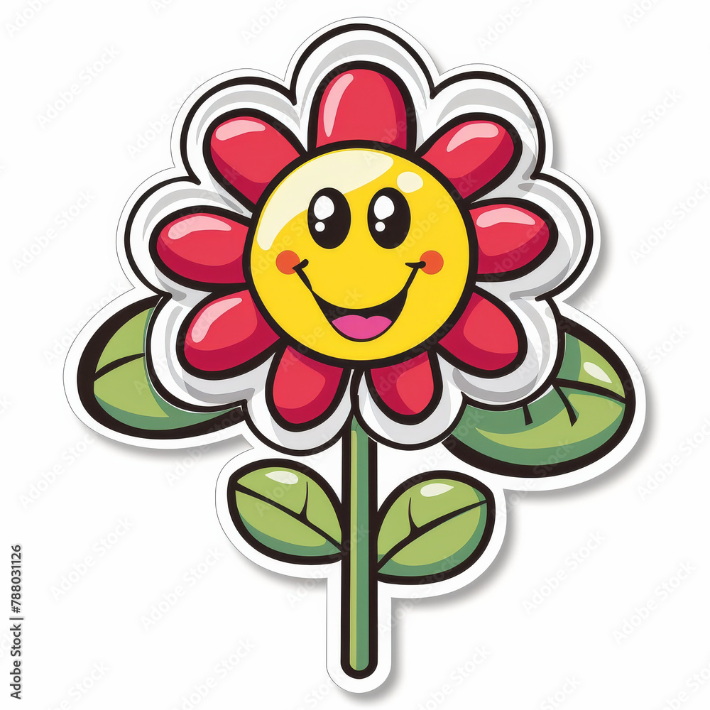 Sticker, color and drawing of flower with emoji of smiley face for marketing, advertising and decoration on white background. Creative, plant and illustration with happy expression for doodle art